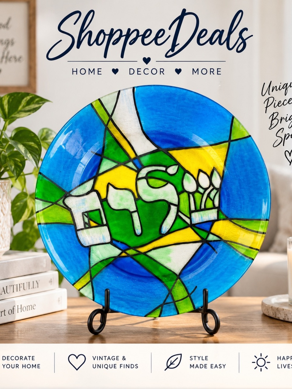 Abstract Stained Glass Style Art Platter Blue Green Yellow 13” Round